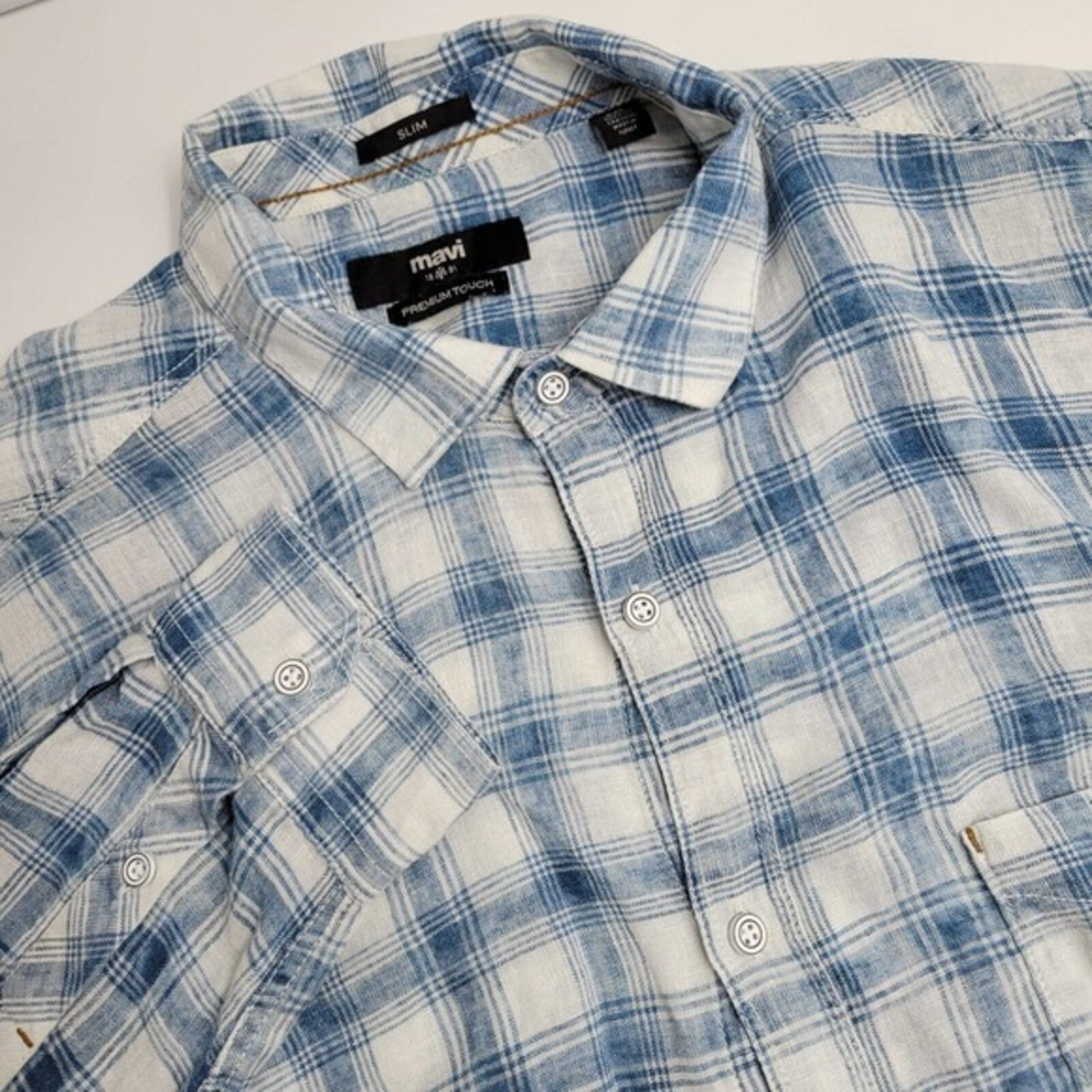 Mavi Men's 2XL Linen Blend Blue White Long Sleeve‎ Button Front Plaid Shirt